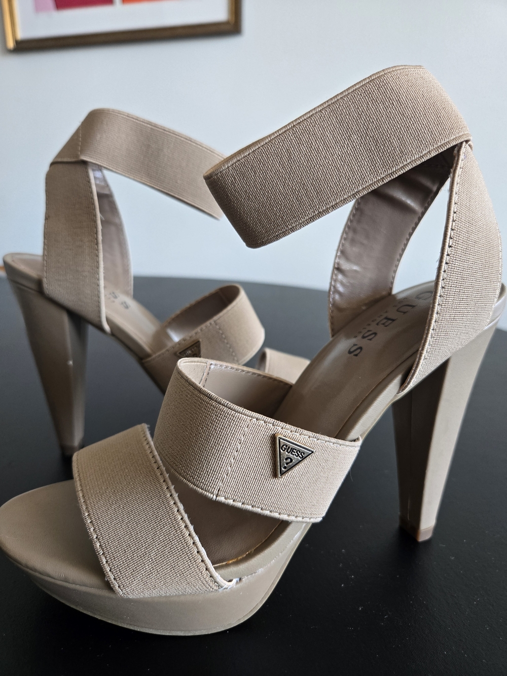 GUESS Nude Beige Elastic Strap Platform Sandal Heels